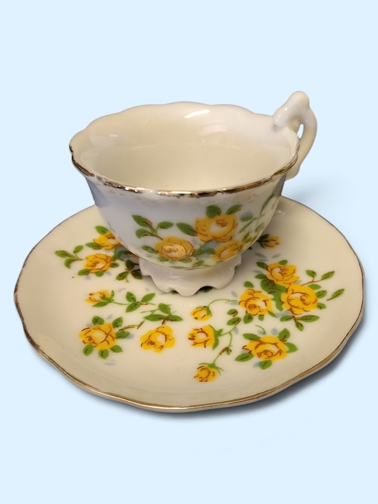 Enesco Other - Enesco White Teacup and Saucer with Yellow Rose Pattern and Gold Trim Guc
